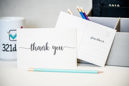 321Done thank you cards and postcards with a teal pencil